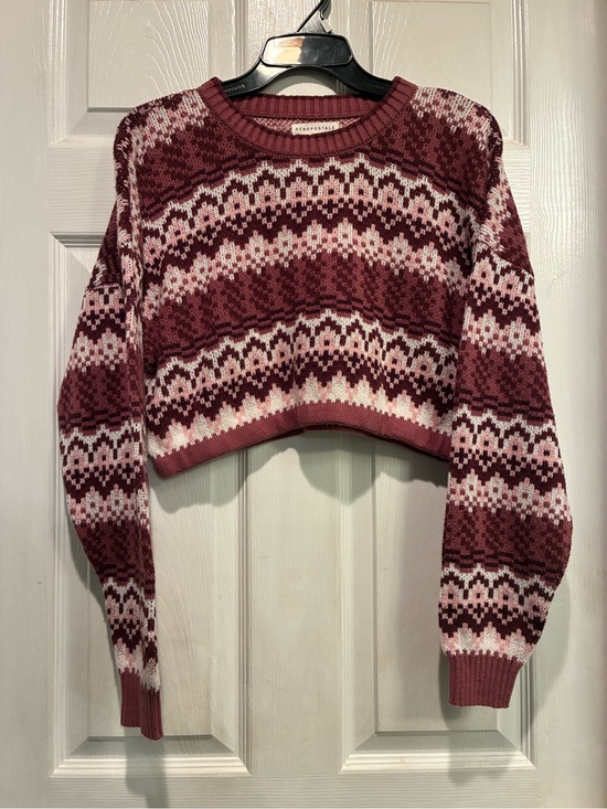Aeropostale Sweaters - Aeropostale Women's Pink and Burgundy Fair Isle Cropped Crewneck Sweater